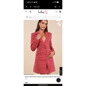 NWT Lulus Deluxe Desire Red Tweed wool blend Long Sleeve Blazer Mini Dress M